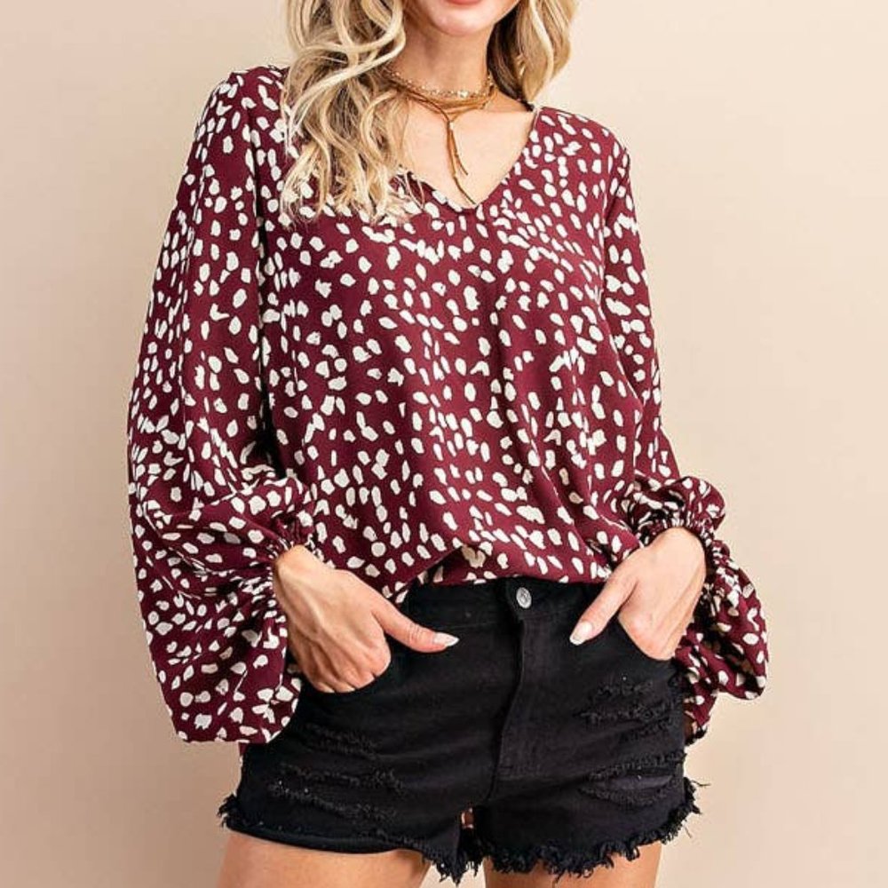 1.4.3. Story by Line Up Burgundy and White V-Neck Printed Blouse